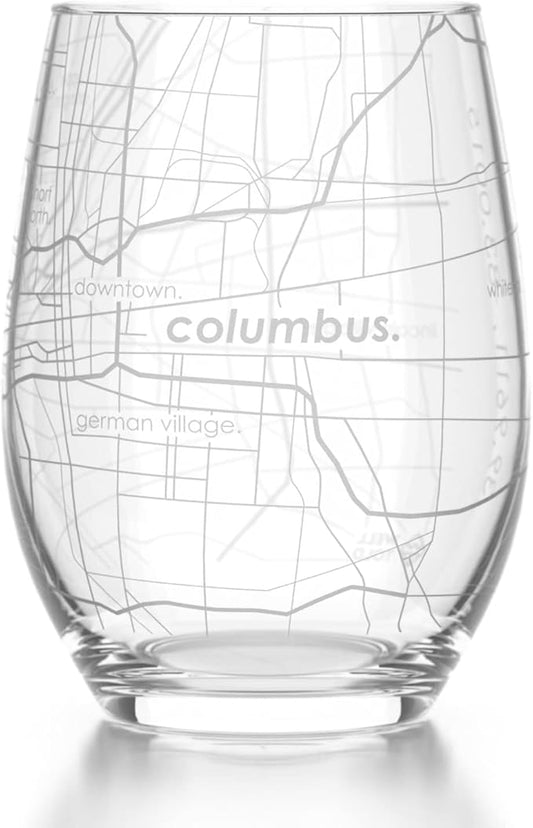 Well Told Engraved Columbus Ohio Map Stemless Wine Glass, Etched Glass (15 oz, Clear) City Custom Gifts for Lovers