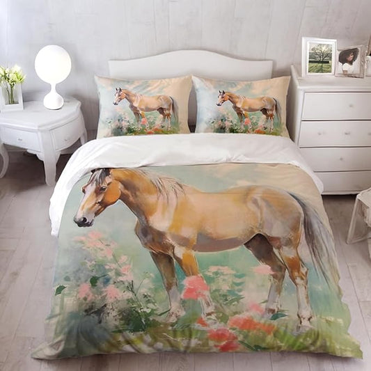 Girls Horse Comforter Sets Queen Size,Retro Floral Bedding Wild Animal Galloping Horse Quilt Sets for Kids Teens 3 Pieces Sets with Pillowcases Bedroom Decor