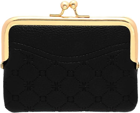 Coin Purse Vintage Bag Lock Wallet Buckle Kiss Lock change purse change holder wallet coin Leather coin wallet(F black)