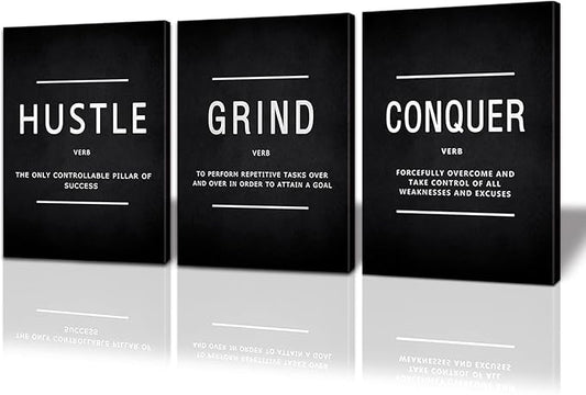 BWSPACE Inspirational Wall Decor, Motivational Canvas Wall Art, grind hustle wall art 3 Pieces Wall Art Decorations for Office Living Room and Bedroom Decor (36" W x 16" H, HGC)