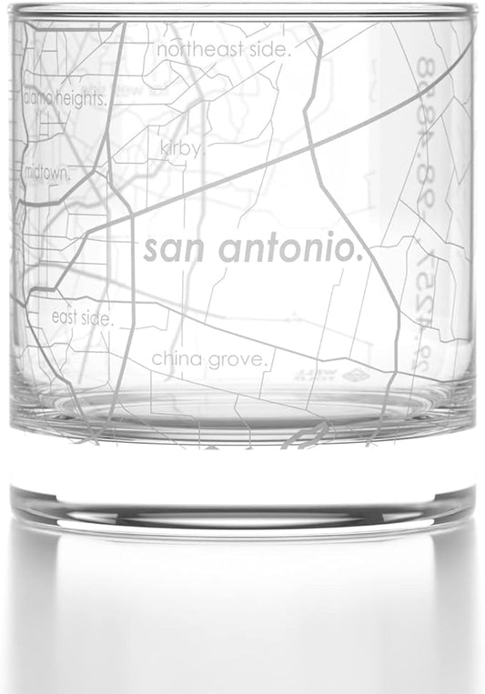 Well Told Engraved San Antonio Texas Map Rocks Glass, Old Fashioned Whiskey Glass (11 oz, Clear) Etched Whiskey Glass, Gifts For Whiskey Lovers