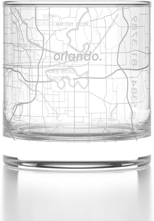 Well Told Engraved Orlando Florida Map Rocks Glass, Old Fashioned Whiskey Glass (11 oz, Clear) Etched Whiskey Glass, Gifts For Whiskey Lovers