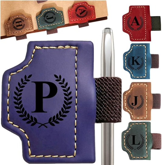 Custom Bookmark with Pen Holder with 26 Letters Personalized Magnetic Leather Book Mark, Customized Name Book Marker Clip with Initial for Men Women, Gifts for Book Lovers, Readers, (Purple, P)