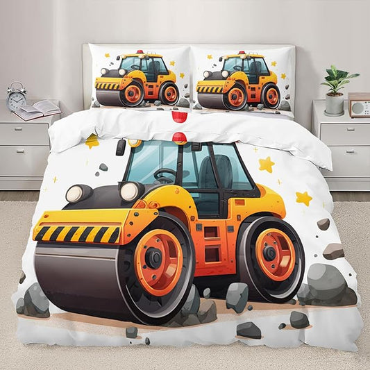 Construction Vehicle Duvet Cover Oversized King Cartoon Road Roller Bedding Set Engineering Truck Comforter Set Construction-Themed Quilt Cover with Zipper Ties for Bedroom