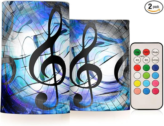 Music Notes and Clef in Space with Stars Flickering Flameless Candles Battery Operated with Remote Timer,Tea Light Candles LED Pillar Votive Candles Set of 2 for Outdoor Indoor Decorations