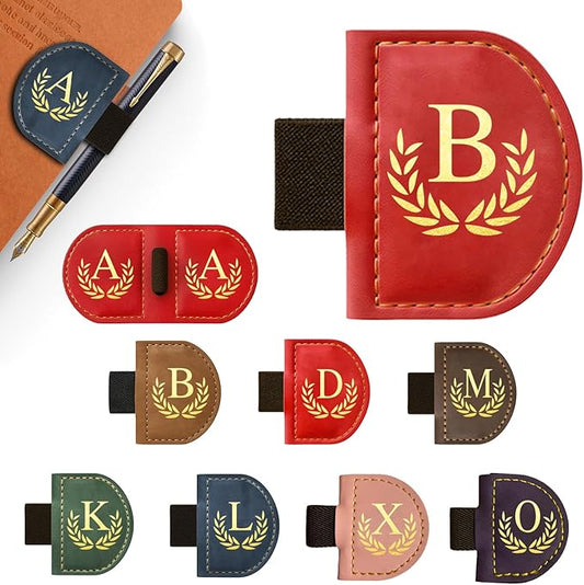 Personalized Leather Magnetic Bookmark with Pen Holder, Custom Bygone Mark Bookmark with Pen Holder, Custom Bookmarks with 26 Letters for Reading Women, Men, Teachers, Book Lovers（Red，B）