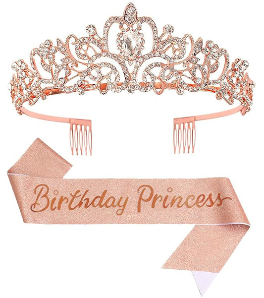Birthday Tiara and Crown with Sash for Women, Hair Accessories for Wedding Party Costume (C- Rose)