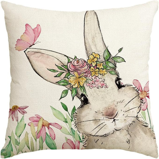AVOIN colorlife Easter Floral Garland Bunny Throw Pillow Cover, 20 x 20 Inch Spring Rabbit Holiday Cushion Case Decoration for Sofa Couch