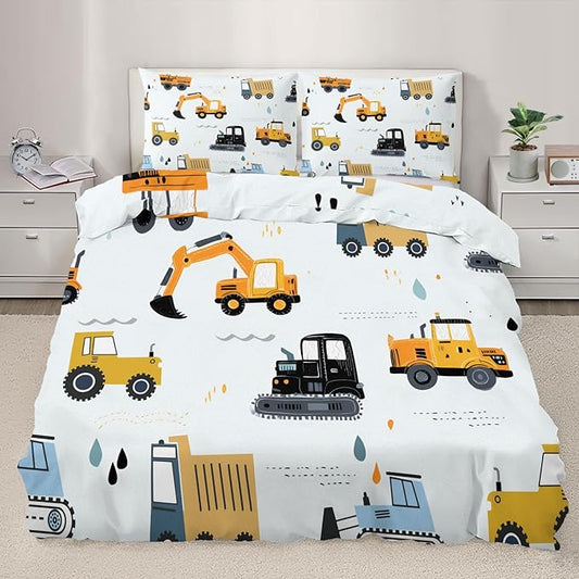 Cartoon Construction Vehicles Duvet Cover Full Size Excavator Bulldozer Bedding Set Children's Cartoon Cars Comforter Set Colorful Engineering Duvet Cover with Pillowcases for Bedroom
