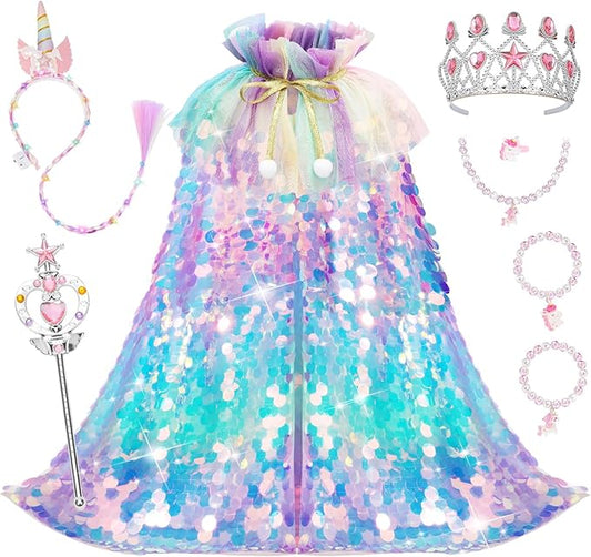 Meland Princess Dress Up for Girls 3-8, 11Pcs Mermaid Cape with Crown, Dress Up Clothes Birthday Gift Toys for Girls Toddlers