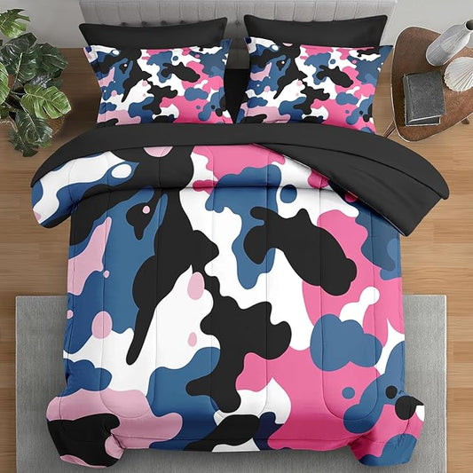 Comforter Set Queen Size, Camo Army 7 Pcs Bedding for Kids and Adults, Pink Blue Black Camouflage Bed Sheet Sets with Fitted Sheet 2 Pillowcases & 2 Shams for Bedroom Bed Decor