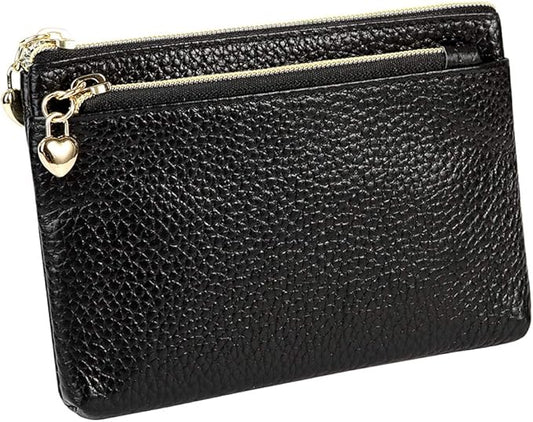 Women's Genuine Leather Coin Purse Zipper Pocket Size Pouch Change Wallet, Black