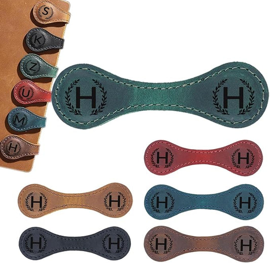 Magnetic Leather Bookmark with 26 Initial for Reading Women,Personalized Magnet Book Marks Gifts for Men,Book Lovers (Green, H)
