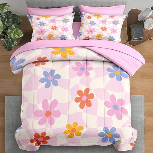 Comforter Set Full Size, Retro Daisy Pink 7 Pcs Bedding for Kids and Adults, Hippie Aesthetic Kids Bed Sheet Sets with Fitted Sheet 2 Pillowcases & 2 Shams for Bedroom Bed Decor