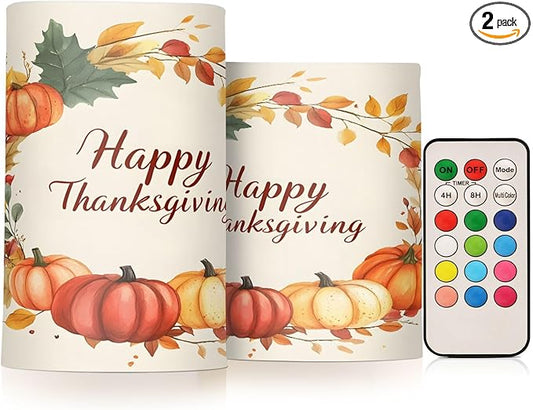 ALAZA Pumpkin Happy Thanksgiving Flickering Flameless Candles Battery Operated with Remote Timer,Tea Light Candles LED Pillar Votive Candles Set of 2 for Outdoor Indoor Decorations