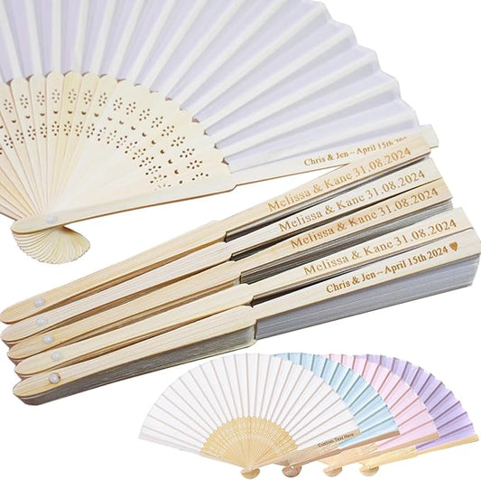 Personalized 25 Pack White Folding Fans, Custom Wedding Fans for Guests, Silk Fabric Bamboo Folded Hand Fan Bridal Dancing Props Church Wedding Gift Party Favors Birthday Party Supplies