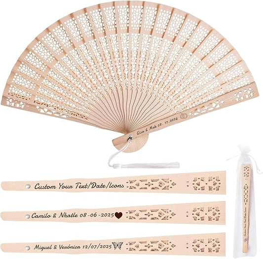 MBDFUT 11Pcs Wedding Fans Personalized Sandalwood Hand Fans with Organza Bags Hand Fans for Women Foldable Custom Wooden Fans Handheld with Text/Date Wedding Party Favors for Guests (11)