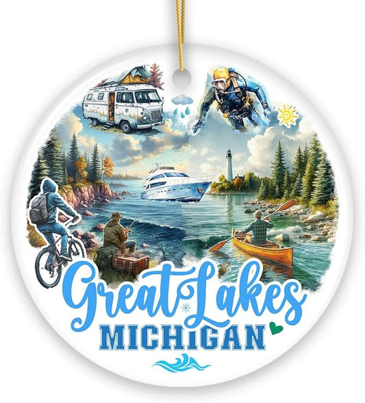 Artistic Great Lakes Michigan State Ornament, Ceramic Landscapes and Travel Souvenir and Gift (Version 2)