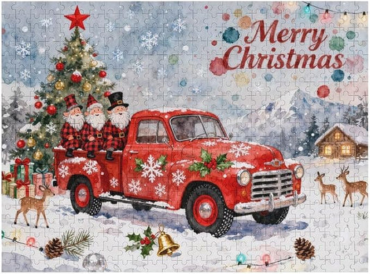 Merry Christmas-Red Car Gnomes 500-Piece Wooden Jigsaw Puzzle, Festive Holiday Puzzle, Christmas Gnome Scene, Cozy Indoor Fun, Family Game Night, Mindful Leisure Activity