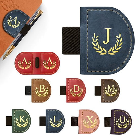 Personalized Leather Magnetic Bookmark with Pen Holder, Custom Bygone Mark Bookmark with Pen Holder, Custom Bookmarks with 26 Letters for Reading Women, Men, Teachers, Book Lovers（Blue，J）
