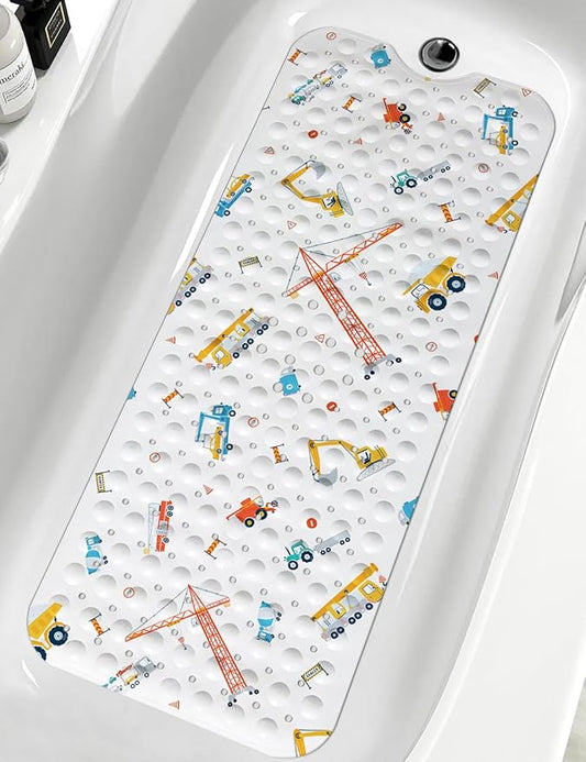 LNOND Baby Bath Mat Non Slip, Kids Bath Mat for Bathroom, Building Machine Shower Mat with Drain Holes and Suction Cups,40 X 16 Inch