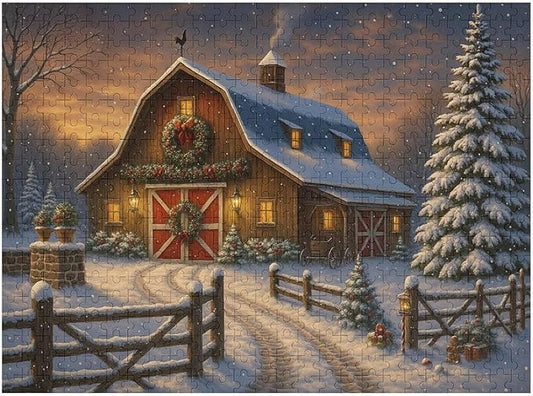 Christmas Snowy Night,Winter Red House 1000-Piece Wooden Jigsaw Puzzle, Winter Holiday Scene, Snowy Night Landscape, Cozy Indoor Fun, Family Entertainment, Mindful Leisure