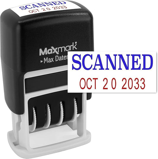 MaxMark Self-Inking Rubber Date Office Stamp with Scanned Phrase Blue Ink & Date RED Ink (Max Dater II), 12-Year Band