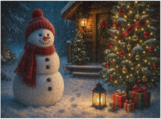 Christmas Tree Snowman 500-Piece Wooden Jigsaw Puzzle, Festive Holiday Puzzle, Christmas Tree and Snowman Scene, Cozy Indoor Fun, Family Entertainment, Mindful Leisure Activity