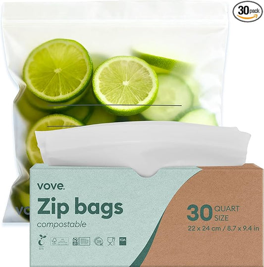 Vove Compostable Quart Bags, Large 30 Count – Freezer Safe, Leak Resistant, Non Toxic Food Storage for Leftovers & Meal Prep, Plastic-Free Eco Bags