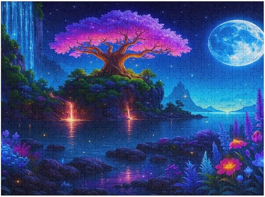 Meteor Shower and Moonlit Night 500-Piece Wooden Jigsaw Puzzle, Starry Night Puzzle, Moonlit Landscape Scene, Indoor Relaxation, Family Fun, Stress-Relief Activity