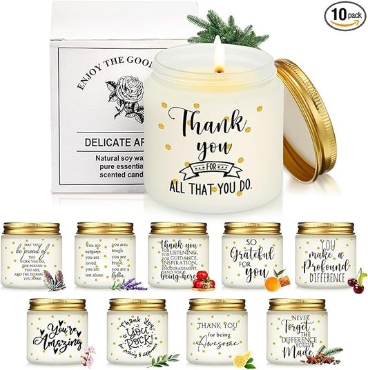 Roowest 10 Jars Thank You Gift Candles 3.5 oz Valentines Employee Appreciation Gifts Bulk Soy Wax Jar Inspirational Candle Thank You Coworkers Employee Women Secretaries Teacher(White,Elegant,Fresh)