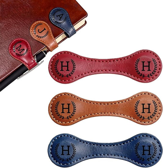 3PCS Personalized Magnetic Leather Bookmark, 26 Letters Custom Bookmarks, Customized Engraved Name Initial Book Mark for Book Lovers Readers Teachers Women Men, H