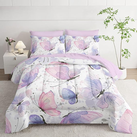 7Pcs Comforter Set Butterflies Printed Bedding Set with 1 Comforter, 1 Flat Sheet, 1 Fitted Sheet and 4 Pillowcases for Boys and Girls Bedroom All Season(Butterflies-2 Twin)