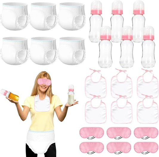 6 Sets Bottle Chug Baby Shower Games Plastic Baby Bottles Hat Disposable Diapers Gender Reveal Games Baby Changing Diaper Race Game Decorations (Pink)