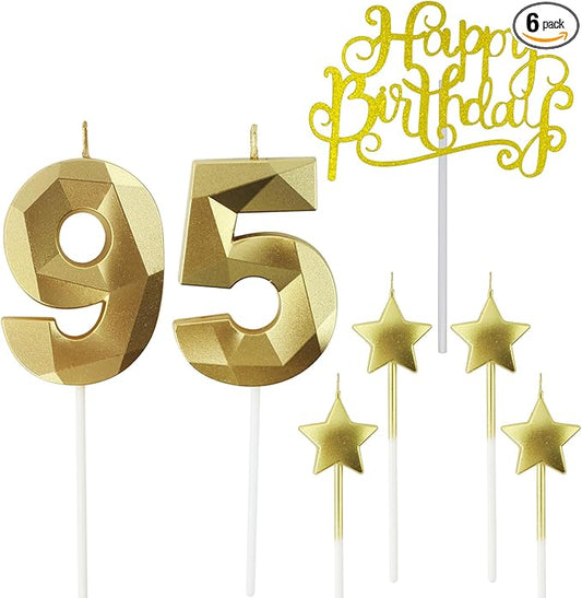 Golden Number 95 Birthday Candles and Star Birthday Candles 2.76 inch 3D Diamond Shaped Candles for Birthday Parties and Anniversary Cake Decorations