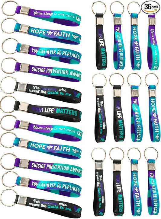 36pcs Suicide Prevention Awareness Silicone Keychains Purple Teal Ribbon Inspirational Rubber Keychains for Suicide Prevention Awareness Motivational Favor Charity Campaign Supplies
