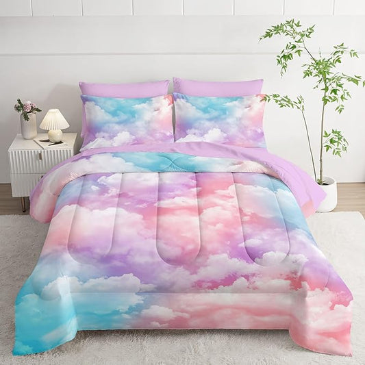 7Pcs Comforter Set Colorful Clouds Printed Bedding Set with 1 Comforter, 1 Flat Sheet, 1 Fitted Sheet and 4 Pillowcases for Boys and Girls Bedroom All Season(Full)
