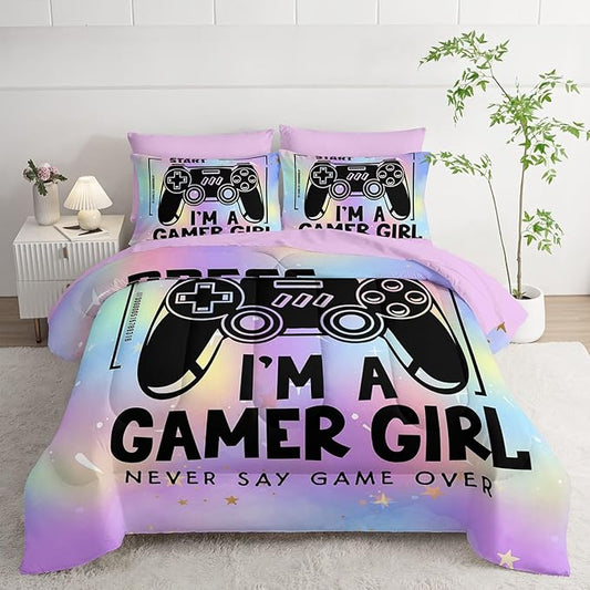 7Pcs Comforter Set Black Game Console Multi Color Printed Bedding Set with 1 Comforter,1 Flat Sheet,1 Fitted Sheet and 4 Pillowcases for Boys and Girls Bedroom All Season(Queen)