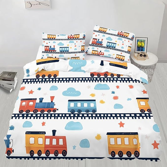 Cartoon Train Bedding Set Oversized King Vintage Train Tracks Duvet Cover Railway Vehicle Comforter Cover Railcar Transport Vehicles Bed Set with Pillowcases for Bedroom