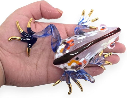WitnyStore 4⅜" White Blue Black Striped Frog Artistic Blown Glass Figurine Premium Hand-Blown Statue Tabletop Decoration Unique Collectible for Adult Collectors Handcrafted Elegant Home Room Decor