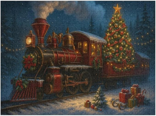Christmas Train and Tree 500-Piece Wooden Jigsaw Puzzle, Festive Holiday Train Scene, Cozy Family Fun, Indoor Relaxation and Mindful Leisure Gift