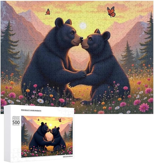 Wooden Puzzle - Two Playful Black Bears Wooden Puzzles for Adults 500 Pieces Challenge Puzzles，Educational Games，Family Puzzles，Unique Gifts for Wall Art ，Funny Puzzles