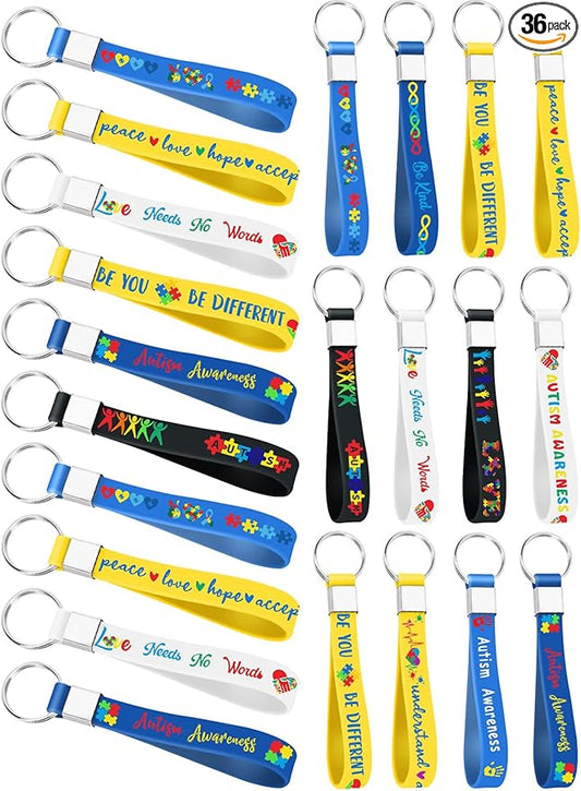 36pcs Autism Awareness Silicone Keychains Puzzle Pieces Ribbons Pattern Inspirational Motivational Rubber Keychains for Autism Awareness Decoration Party Favor Gift Supplies（6 Designs）