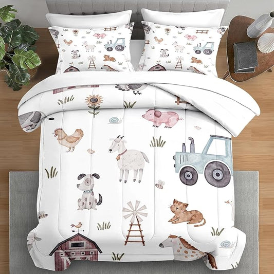 Comforter Set Twin Size, Farm Animal Cow 5 Pcs Bedding for Kids and Adults, Autumn Cute Tractor Bed Sheet Sets with Fitted Sheet Pillowcase & Sham for Bedroom Bed Decor