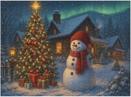 Christmas Tree Snowman 500-Piece Wooden Jigsaw Puzzle, Holiday Puzzle, Snowman and Christmas Tree Scene, Relaxing Indoor Activity, Family Fun, Mindful Leisure