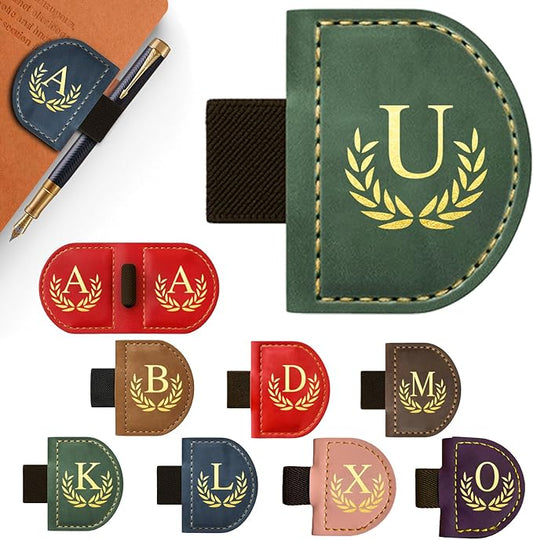 Personalized Leather Magnetic Bookmark with Pen Holder, Custom Bygone Mark Bookmark with Pen Holder, Custom Bookmarks with 26 Letters for Reading Women, Men, Teachers, Book Lovers（Green，U）
