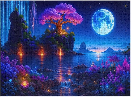Meteor Shower and Moonlit Night 500-Piece Wooden Jigsaw Puzzle, Starry Sky Puzzle, Night Landscape Scene, Relaxing Indoor Activity, Family Entertainment, Mindful Leisure Fun