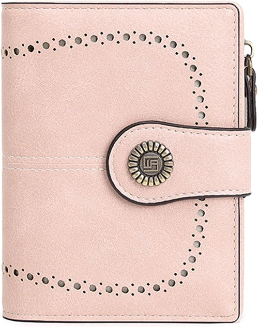 Women's Small Genuine Leather Bifold Wallet Large Capacity RFID Blocking with 16 Card Slots 2 ID Windows and Zipper Coin Pocket Pink (Pink)
