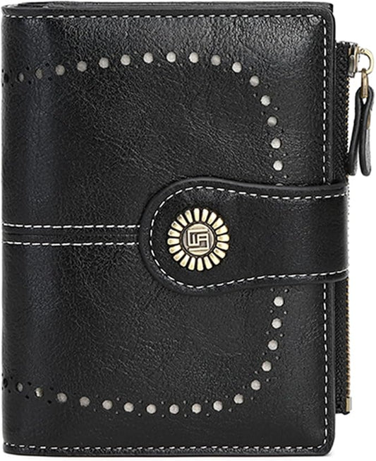 Women's Small Genuine Leather Bifold Wallet Large Capacity RFID Blocking with 16 Card Slots 2 ID Windows and Zipper Coin Pocket Pink (Black)