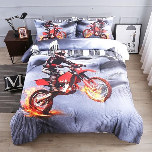 Dirt Bike Comforter Sets Twin Size Racing Motocross Sports Extreme Theme Bedding Sets for Boys
